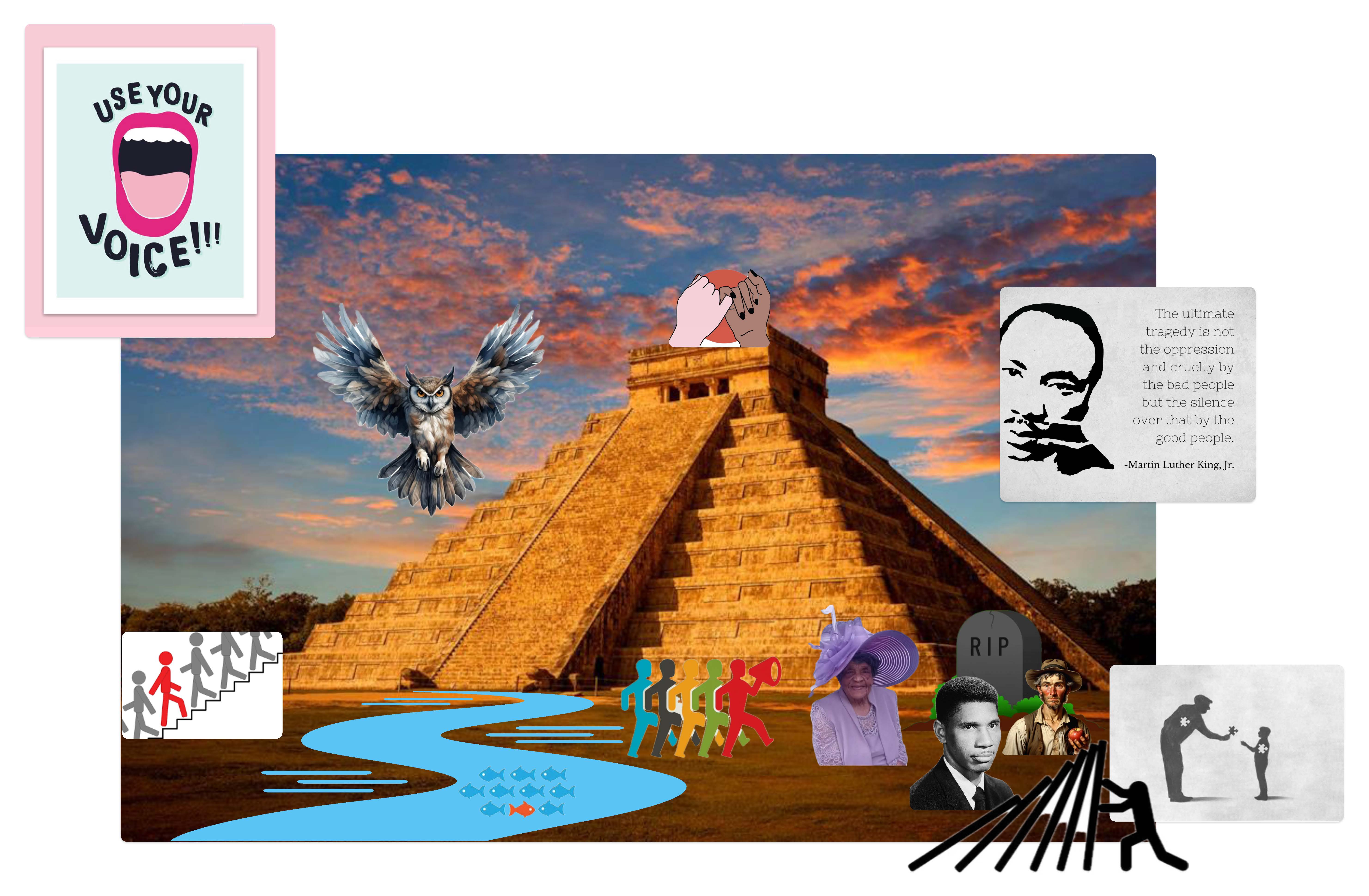 Collage centered on a pyramid with symbols of voice, activism, and history surrounding it.