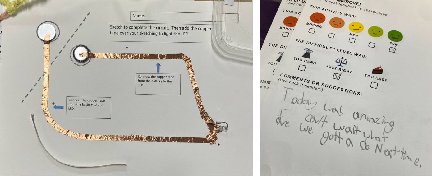 Paper circuit with copper tape lighting an LED, plus a feedback form with a positive comment.