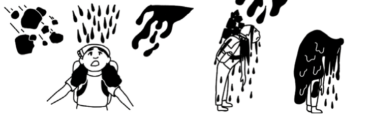 Black and white illustrations of a person covered in dripping sludge representing identity-based harassment