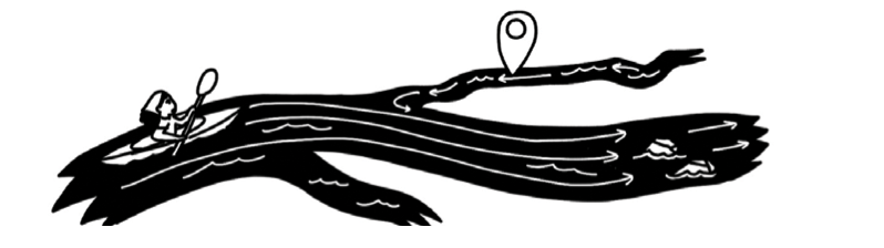 Black and white illustration of a person paddling against a strong river current