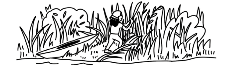 Black and white illustration of a person cutting a new path through dense reeds