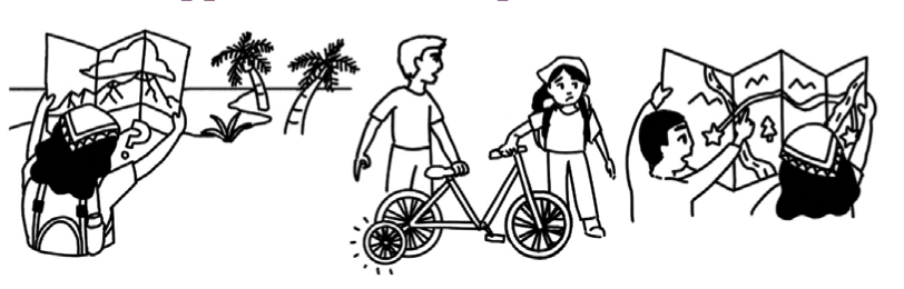 Three black-and-white cartoon illustrations showing people using maps and navigating unfamiliar places. One person studies a map alone, another stands beside a bicycle talking with a second person, and a third person points to landmarks on a map while another looks on.