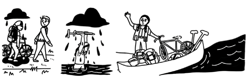 Black-and-white cartoon scenes of people struggling through rain, water, and rough travel conditions with bicycle