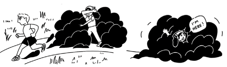 Black and white illustration of a cloud of dust obscuring a traveler